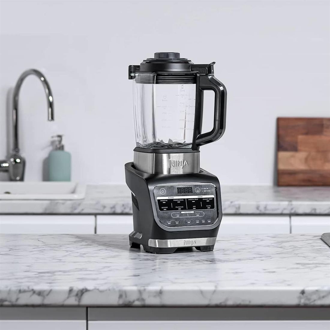 Ninja Foodi Blender and Soup Maker with an empty glass jug on a kitchen counter