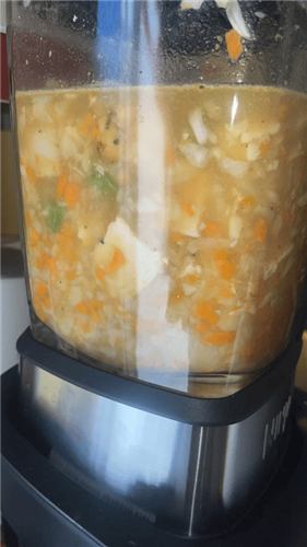 Close-up of chunky vegetable soup in the Ninja Foodi Blender and Soup Maker jug