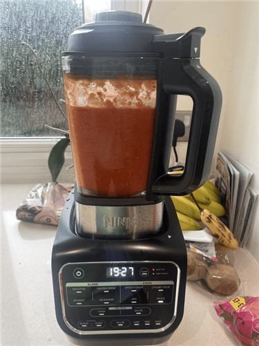 Tomato soup blending in the Ninja Foodi Blender and Soup Maker on a rainy day
